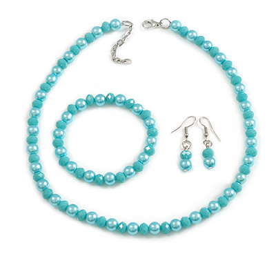 8mm/Glass Bead and Faux Pearl Necklace/Flex Bracelet/Drop Earrings Set in Pastel Blue/ Turquoise Blue Colours - 43cmL/4cm Ext - main view