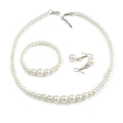 White Faux Pearl Bead Necklace/ Stretch Bracelet/Drop Earrings Set - 44cm L/ 4cm Ext - main view