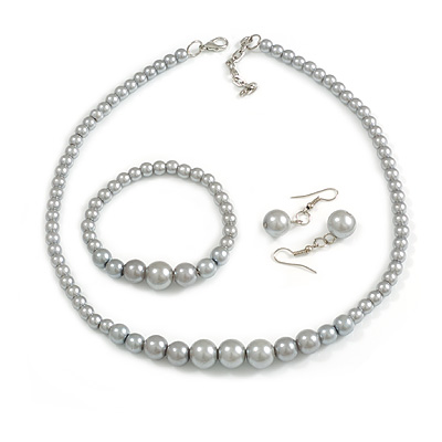 Light Grey Glass Bead Necklace/ Stretch Bracelet/Drop Earrings Set - 44cm L/ 4cm Ext - main view
