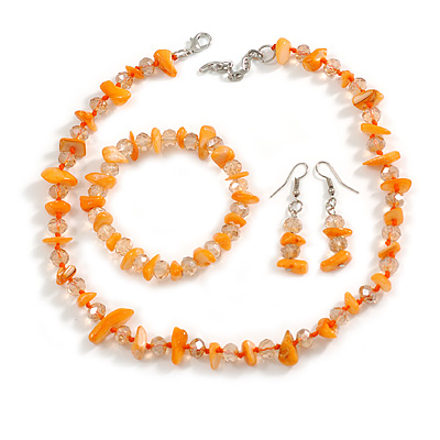 Pale Orange Glass/Dusty Orange Shell Necklace/ Flex Bracelet (Size M) / Drop Earrings Set - 40cm L/5cm Ext - main view