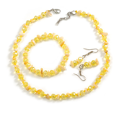 Lemon Yellow Glass/Buttermilk Yellow Shell Necklace/ Flex Bracelet (Size M) / Drop Earrings Set - 40cm L/5cm Ext