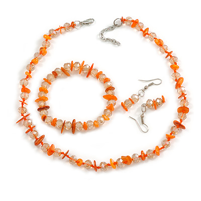 Transparent Orange Glass/Carrot Orange Shell Necklace/ Flex Bracelet (Size M) / Drop Earrings Set - 40cm L/5cm Ext - main view