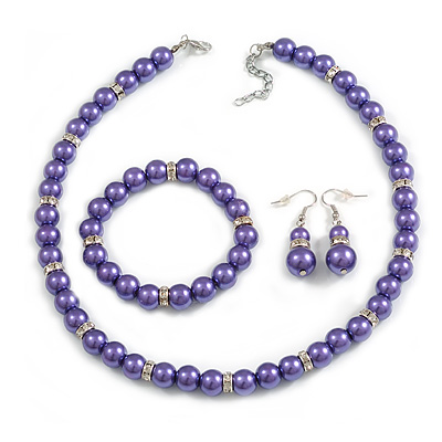 Purple Glass Bead Necklace/Flex Bracelet/Drop Earrings Set With Diamante Rings - 38cm L/ 6cm Ext - main view