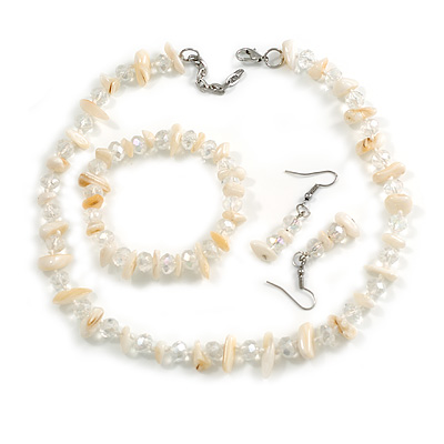 Off White Shell/Transparent Glass Necklace/ Flex Bracelet (Size M) / Drop Earrings Set - 40cm L/5cm Ext - main view