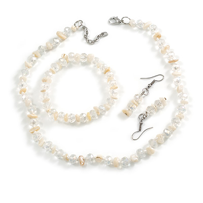 Transparent Glass/White Shell Necklace/ Flex Bracelet (Size M) / Drop Earrings Set - 40cm L/5cm Ext - main view
