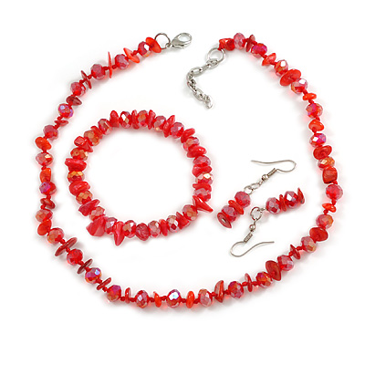 Red Glass/ Red Shell Necklace/ Flex Bracelet (Size M) / Drop Earrings Set - 40cm L/5cm Ext - main view