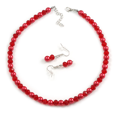 8mm/Glass Bead and Faux Pearl Necklace and Drop Earrings Set in Red Colours - 40cmL/5cm Ext - main view