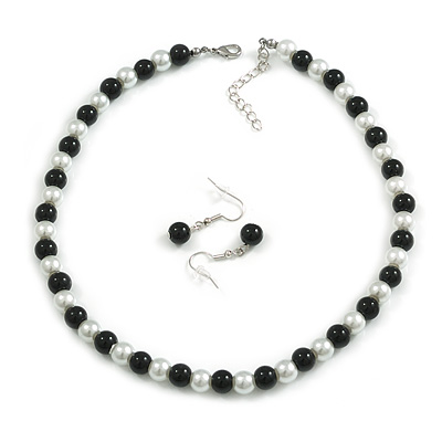 Black/White Glass Bead Necklace and Drop Earring Set In Silver Metal/ 8mm/ 40cm L/ 4cm Ext - main view