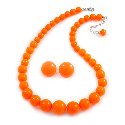 Neon Orange Acrylic Bead Necklace And Dome Shape Stud Earrings Set - 48cm L/6cm Ext - main view