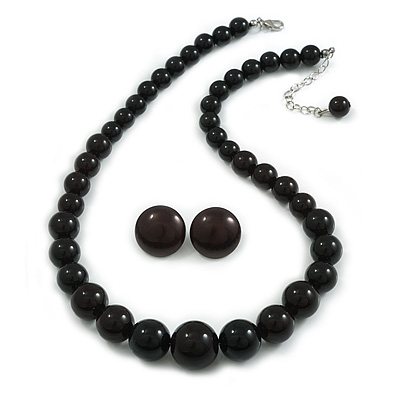 Black Acrylic Bead Necklace And Dome Shape Stud Earrings Set - 48cm L/6cm Ext - main view