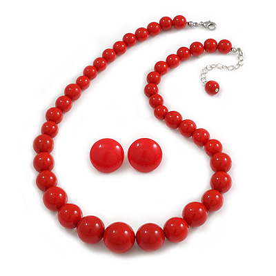 Hot Red Acrylic Bead Necklace And Dome Shape Stud Earrings Set - 48cm L/6cm Ext - main view