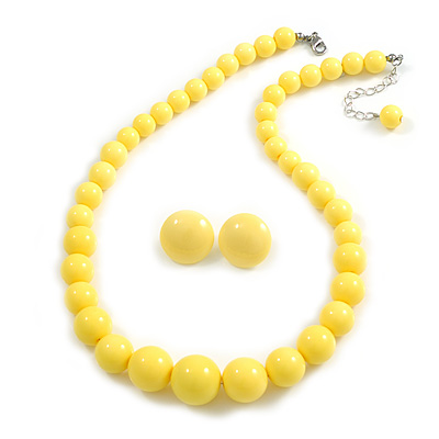 Bright Yellow Acrylic Bead Necklace And Dome Shape Stud Earrings Set - 48cm L/6cm Ext