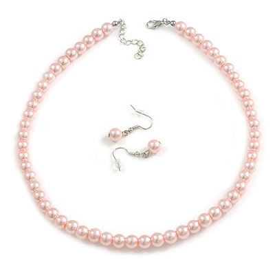 Pastel Pink Glass Bead Necklace and Drop Earring Set In Silver Metal/ 8mm/ 40cm L/ 4cm Ext - main view