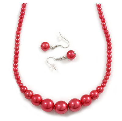 Red Graduated Glass Bead Necklace & Drop Earrings Set In Silver Plating - 40cm L/ 5cm Ext - main view