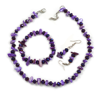 Violet Glass/Purple Shell Necklace/ Flex Bracelet (Size M) / Drop Earrings Set - 40cm L/5cm Ext - main view