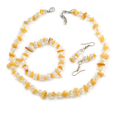 Transparent Glass/Yellow Shell Necklace/ Flex Bracelet (Size M) / Drop Earrings Set - 40cm L/5cm Ext