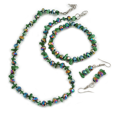 Dark Green Glass/Shell Necklace/ Flex Bracelet (Size M) / Drop Earrings Set - 40cm L/5cm Ext - main view