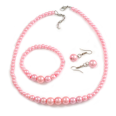 Pastel Pink Faux Pearl Bead Necklace/ Stretch Bracelet/Drop Earrings Set - 44cm L/ 4cm Ext