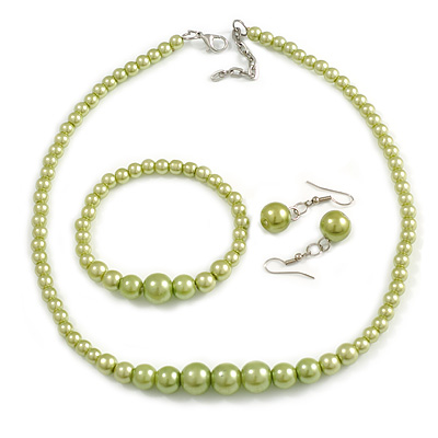 Canary Green Faux Pearl Bead Necklace/ Stretch Bracelet/Drop Earrings Set - 44cm L/ 4cm Ext - main view
