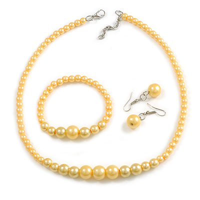 Butter Yellow Faux Pearl Bead Necklace/ Stretch Bracelet/Drop Earrings Set - 44cm L/ 4cm Ext