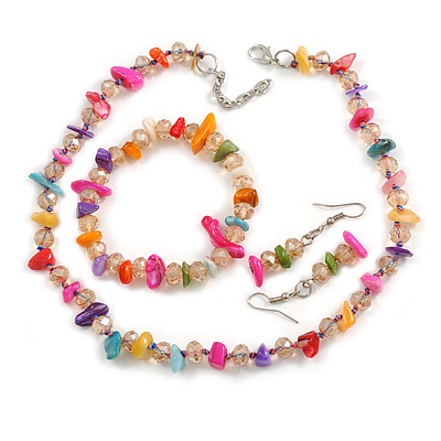 Multicoloured Glass/Shell Necklace/ Flex Bracelet (Size M) / Drop Earrings Set (Assorted Colours) - 40cm L/5cm Ext - main view