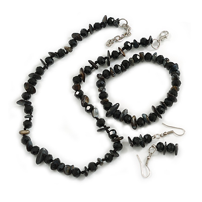 Black Glass/Dark Grey Shell Necklace/ Flex Bracelet (Size M) / Drop Earrings Set - 40cm L/5cm Ext - main view