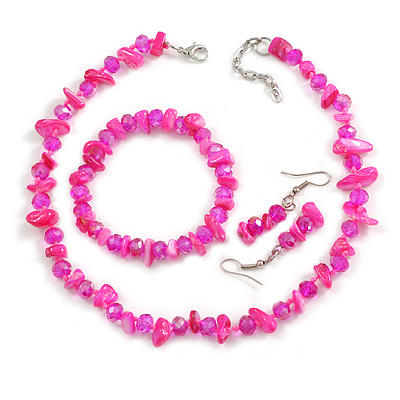 Fuchsia Glass/ Deep Pink Shell Necklace/ Flex Bracelet (Size M) / Drop Earrings Set - 40cm L/5cm Ext - main view