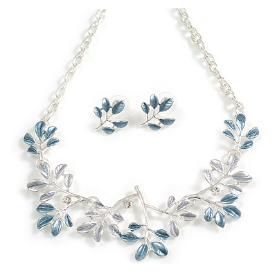 Metallic Blue/Grey Enamel Leafy Floral Necklace And Stud Earring Set in Silver Tone - 42cm L/ 6cm Ext