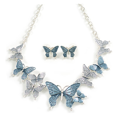 Blue/Grey Enamel Butterfly Necklace and Stud Earrings Set in Silver Tone - 44cm L/6cm Ext - main view