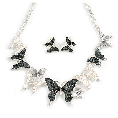 Black/White/Grey Enamel Butterfly Necklace and Stud Earrings Set in Silver Tone - 44cm L/6cm Ext - main view