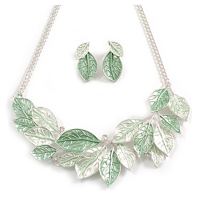 Pastel Mint Green Enamel Leafy Necklace and Stud Earrings Set in Silver Tone - 42cm L/6cm Ext - main view
