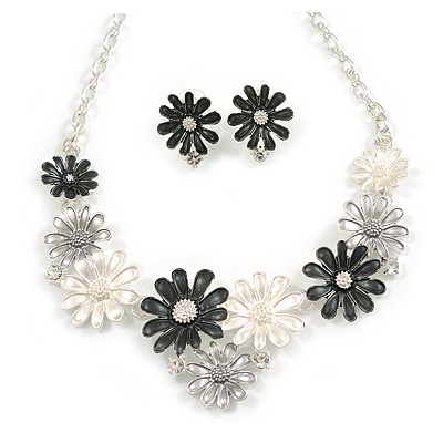Black/Grey/White Enamel Daisy Floral Necklace and Stud Earrings Set in Silver Tone - 44cm L/6cm Ext - main view