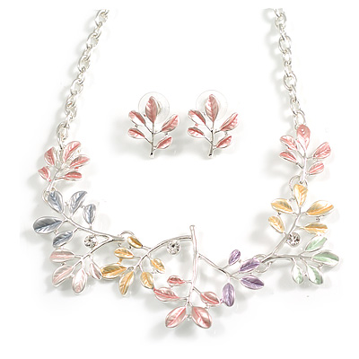 Pastel Multi Enamel Leafy Floral Necklace And Stud Earring Set in Silver Tone - 42cm L/ 6cm Ext - main view