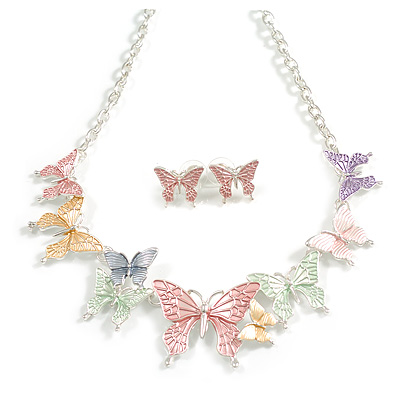 Pastel Multi Enamel Butterfly Necklace and Stud Earrings Set in Silver Tone - 44cm L/6cm Ext - main view