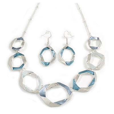 Metallic Blue/Grey Enamel Graduated Link Necklace And Stud Earring Set in Silver Tone - 42cm L/ 6cm Ext - main view