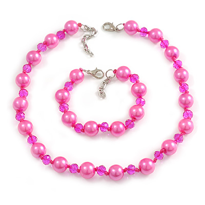 Simulated Pearl and Glass Bead Short Necklace & Bracelet Set in Pink/ 38cm L/ 5cm Ext (Natural Irregularities) - main view