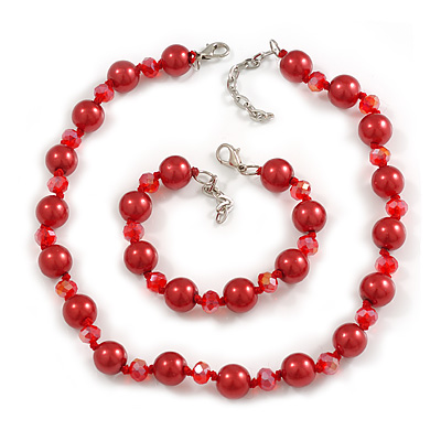 Simulated Pearl and Glass Bead Short Necklace & Bracelet Set in Red/ 38cm L/ 5cm Ext (Natural Irregularities)