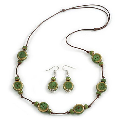Dusty Green Ceramic Coin/ Round Bead Brown Cord Necklace and Drop Earrings Set/48cm L/Slight Variation In Colour/Natural Irregularities