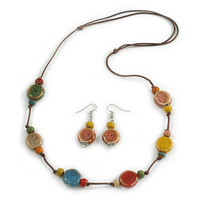 Multicoloured Ceramic Coin/ Round Bead Brown Cord Necklace and Drop Earrings Set/48cm L/Slight Variation In Colour/Natural Irregularities
