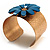 Wide Floral Hammered Gold Tone Cuff Bangle (Light Blue) - view 2