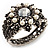 Vintage Imitation Pearl Rose Hinged Bangle Bracelet (Burn Silver)