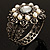 Vintage Imitation Pearl Rose Hinged Bangle Bracelet (Burn Silver) - view 3
