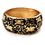 Wide Black Enamel Floral Pattern Hinged Bangle Bracelet (Gold Plated)