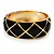 Wide Black Enamel Ornamental Hinged Bangle Bracelet (Gold Tone)