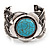 Vintage Turquoise Stone Flower Cuff Bracelet In Antique Silver Metal - Adjustable