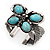 Vintage Turquoise Bead Butterfly Cuff Bracelet In Antique Silver Metal - Adjustable