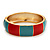 Round Enamel Hinged Bangle Bracelet In Gold Plated Metal (Coral/Light Blue) - 18cm Length