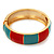 Round Enamel Hinged Bangle Bracelet In Gold Plated Metal (Coral/Light Blue) - 18cm Length - view 9