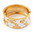 Wide White Enamel 'Flower & Butterfly' Hinged Bangle In Gold Plated Metal - 18cm Length - view 12
