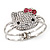 Diamante 'Kitten' With Pink Bow Hinged Bangle Bracelet In Rhodium Plated Metal - view 2